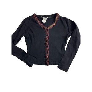 VTG 90's Black Ribbed Floral Embroidered Button Up Women's Shirt, Y2K